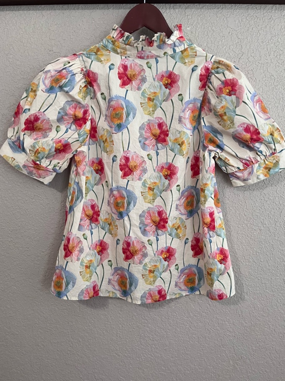 Entro Floral Poppy Ruffle Neck Puff Sleeve Blouse Size Small - Picture 7 of 13